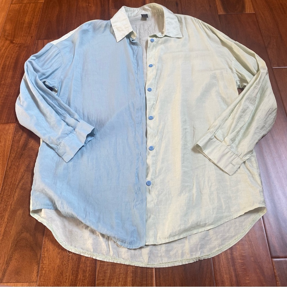 Shein Women's Long Sleeve Button-Down Two Tone Colorblock Shirt Blue/Green Small